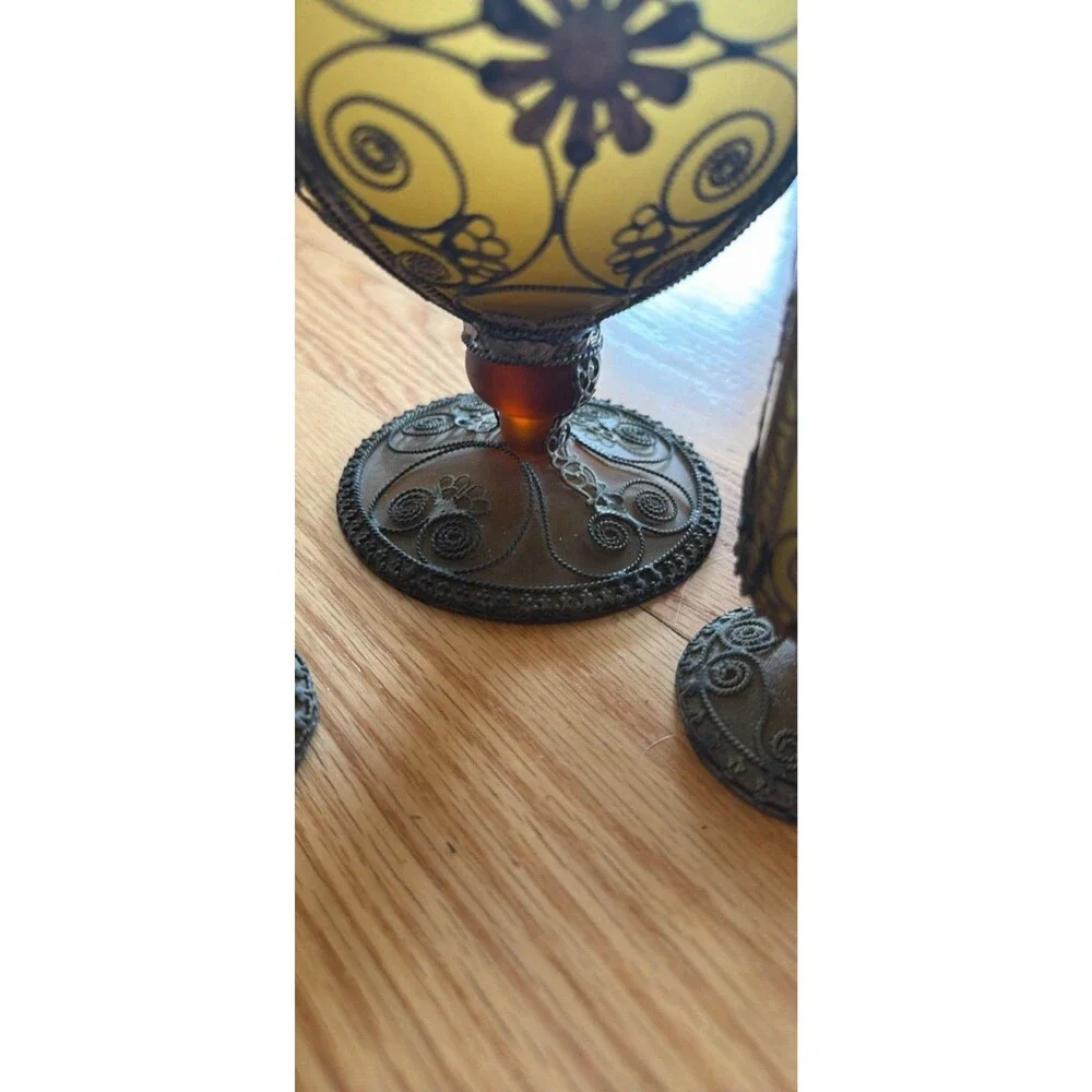 1973 Crete Amber & Green Glass/Metal Decanter Set, Floral Filigree, Stopper